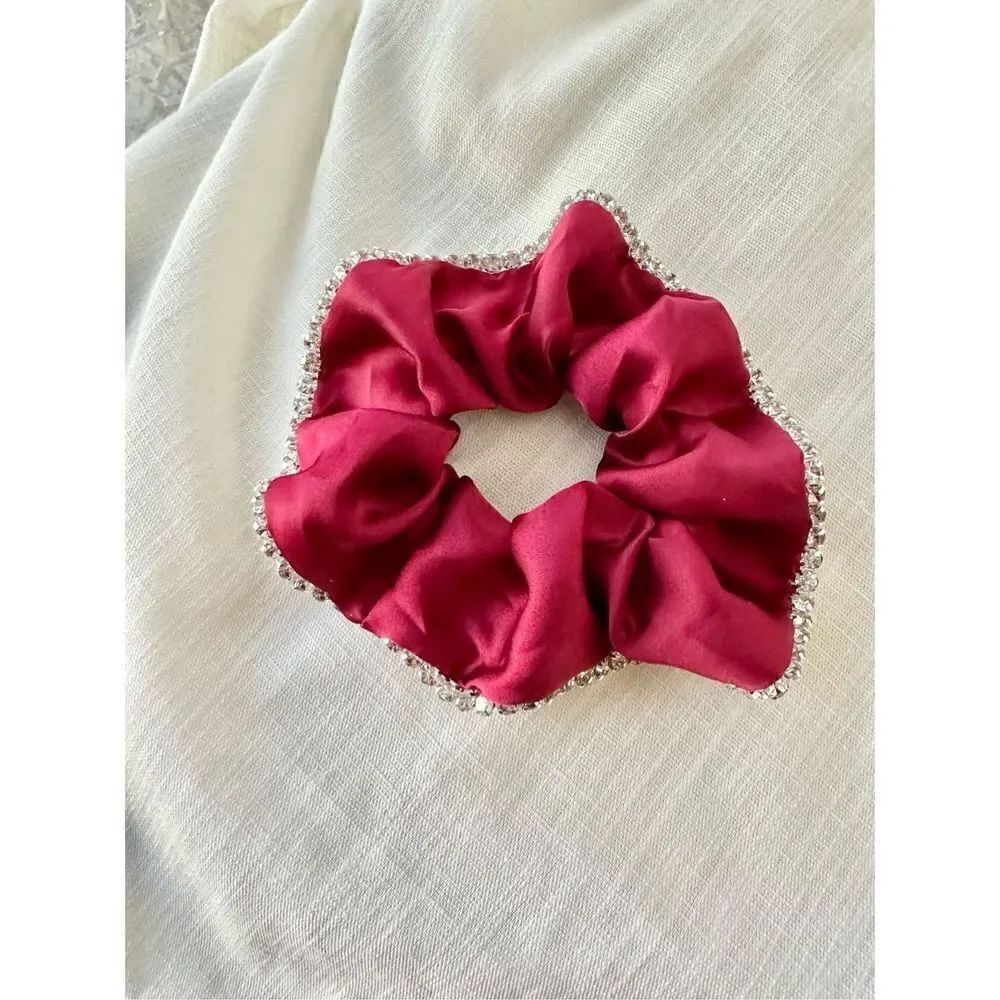 Red satin hair scrunchie with rhinestone trim
